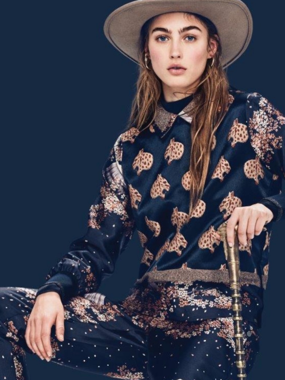 Scotch & Soda Maison Black Animal Print Long Sleeve Top with Gold Trim, NWOT
